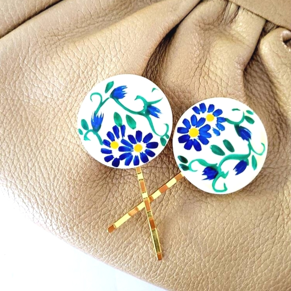 Blue Honey Jewelry Upcycled Vintage Floral Cabochon Hair Pins OOAK NWT